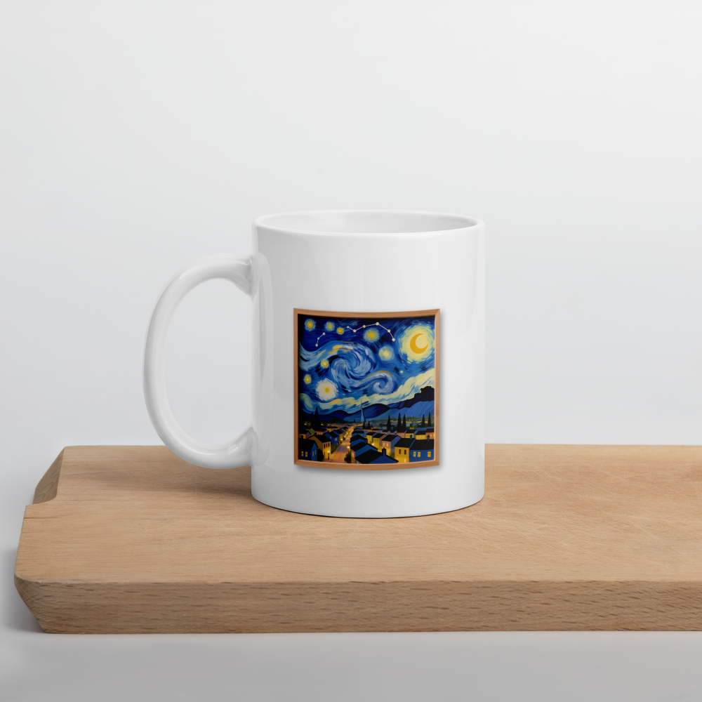 A cityscape under a swirling night sky 11 oz White glossy mug