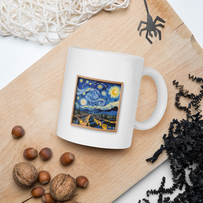 A cityscape under a swirling night sky 11 oz White glossy mug