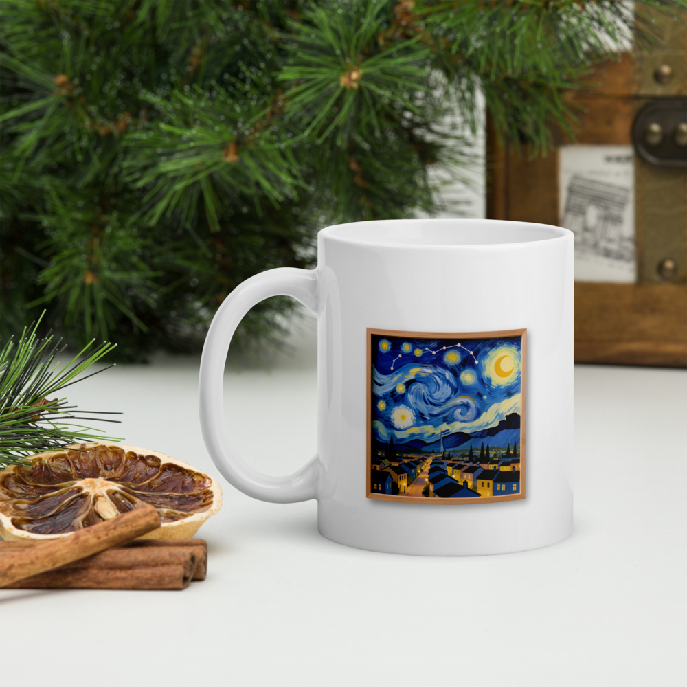 A cityscape under a swirling night sky 11 oz White glossy mug