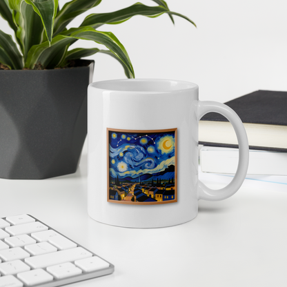 A cityscape under a swirling night sky 11 oz White glossy mug